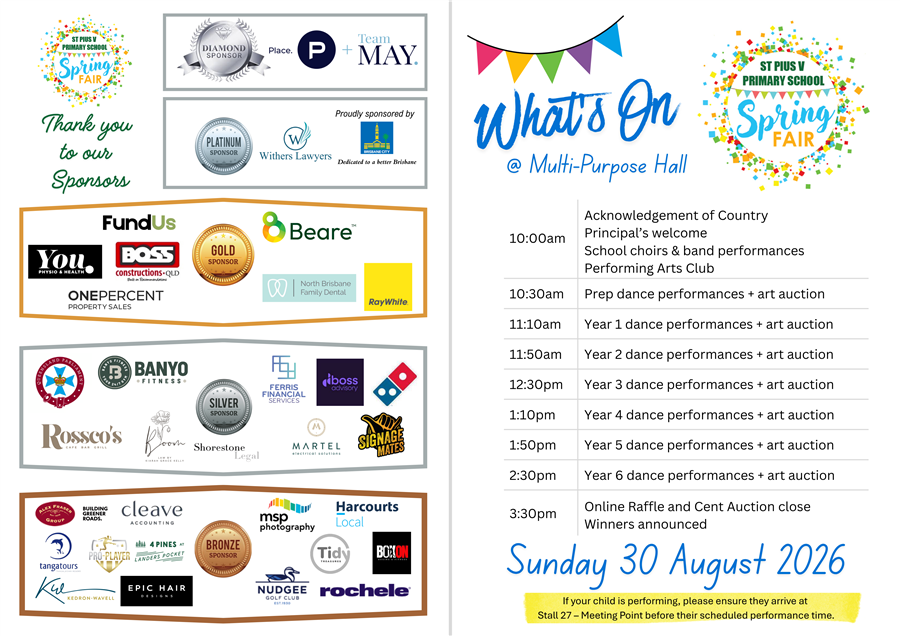 Program of Spring Fair events accompanied by a list of the Spring Fair sponsors