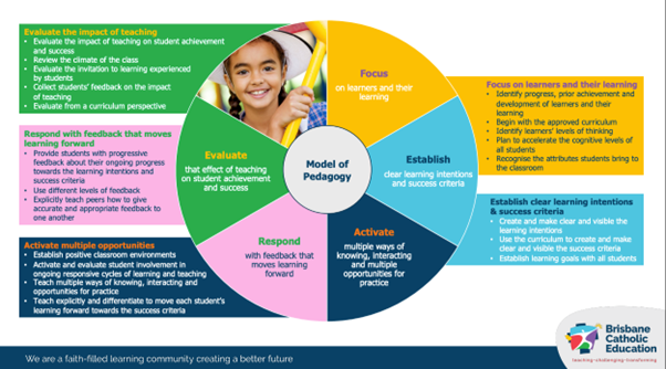 Model of Pedagogy diagram showing evaluate, respond, activate, establish and focus stages related to learning